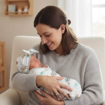 maman regarde bébé dans sa Couverture d'emmaillotage