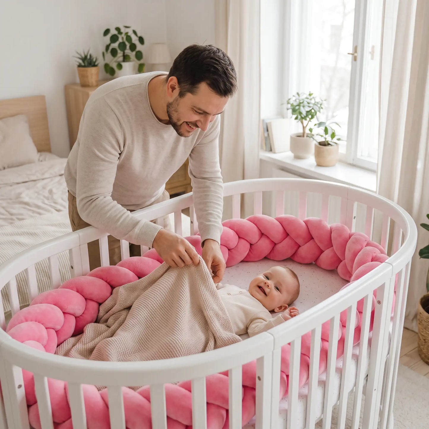Tour de lit tresse 3 brins rose moelleuse