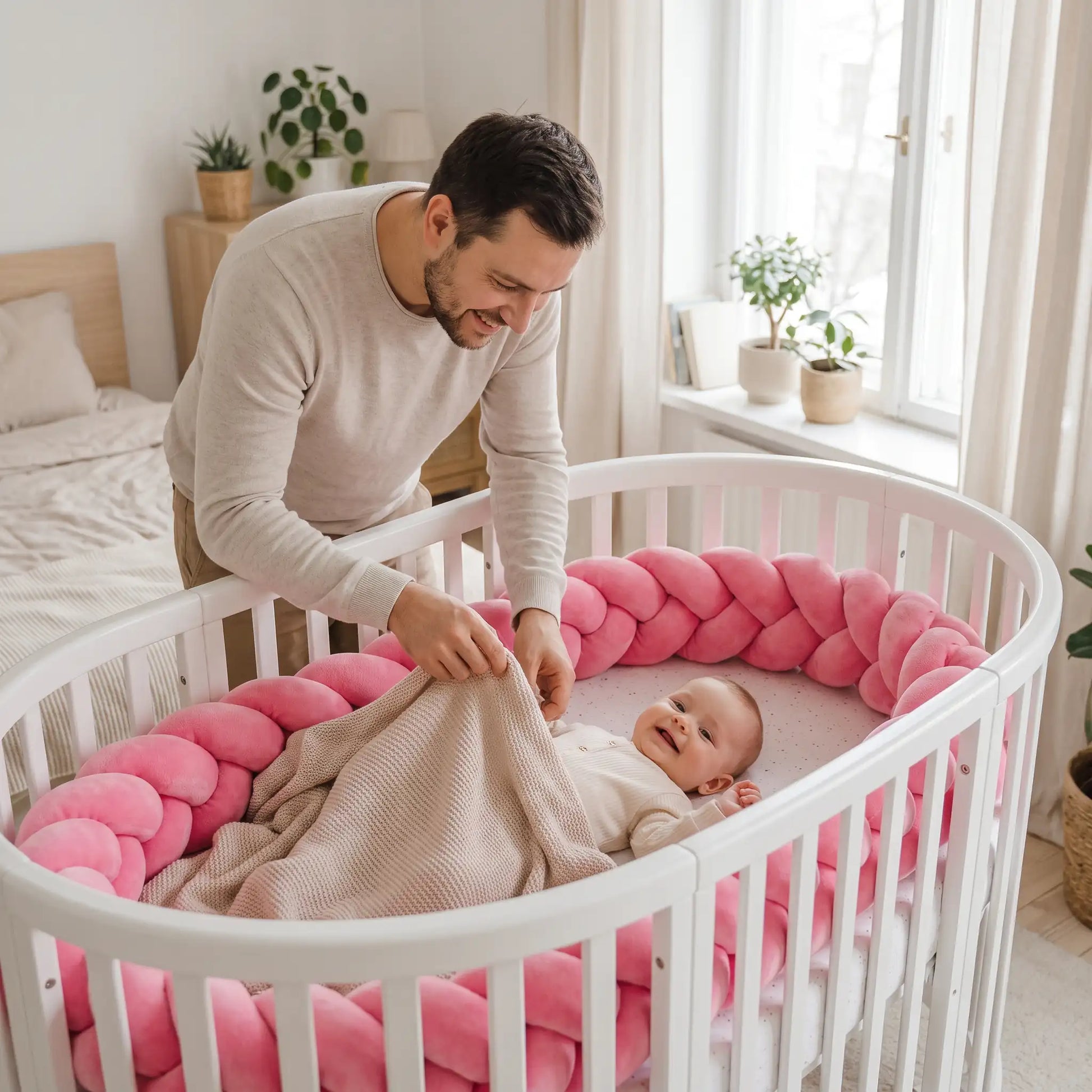 Tour de lit tresse 3 brins rose moelleuse