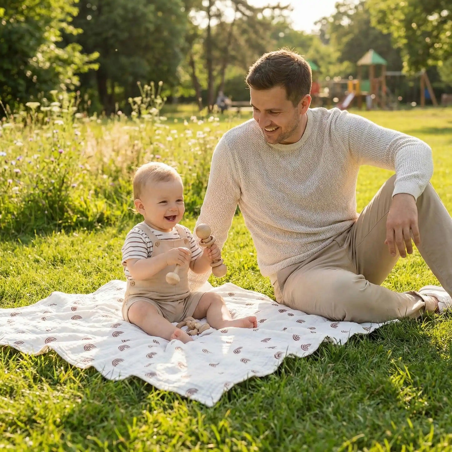 bébé assis dans herbe sur couverture bébé