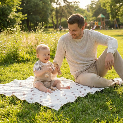 bébé assis dans herbe sur couverture bébé
