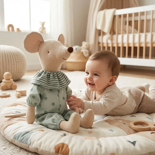 bébé joue avec son doudou