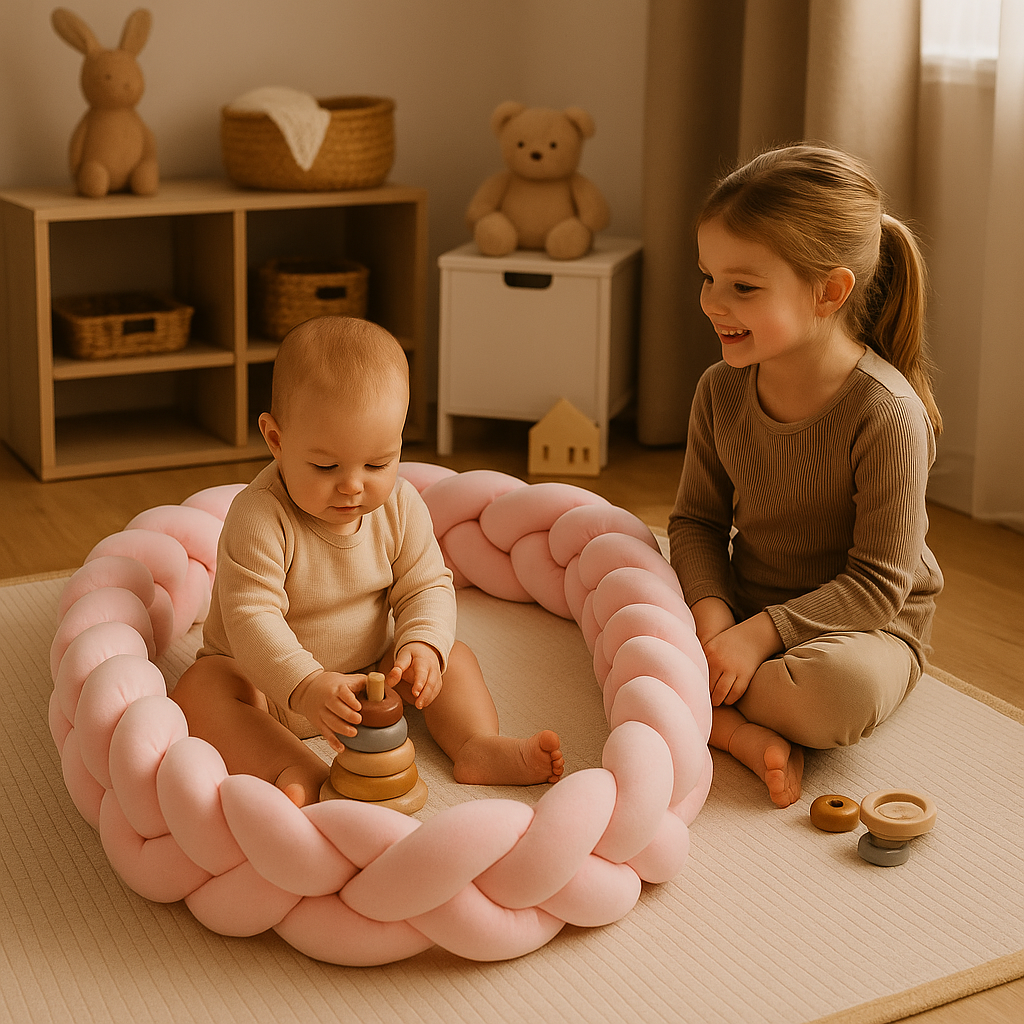 bébé joue sur le sol entouré de sa tresse de lit
