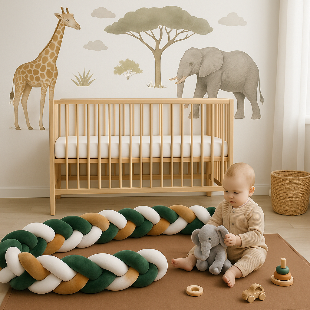 BEBE JOUE SUR TAPIS ENTOURE DE TRESSE DE LIT BEBE