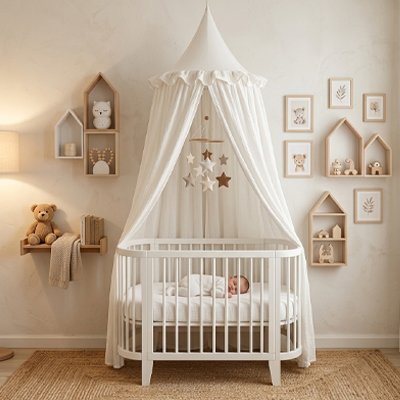 Ciel de lit bebe féerique tissu blanc
