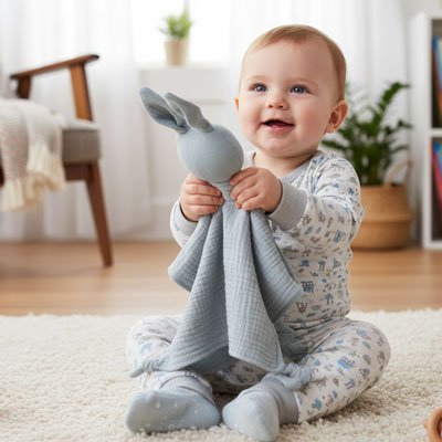 Doudou lapin bleu ciel