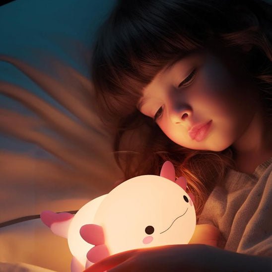 fille regarde sa veilleuse bébé salamandre