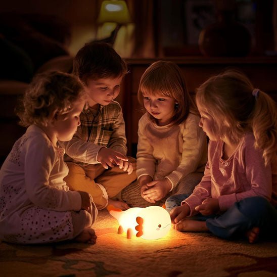 quatre enfants entourent une veilleuse bébé
