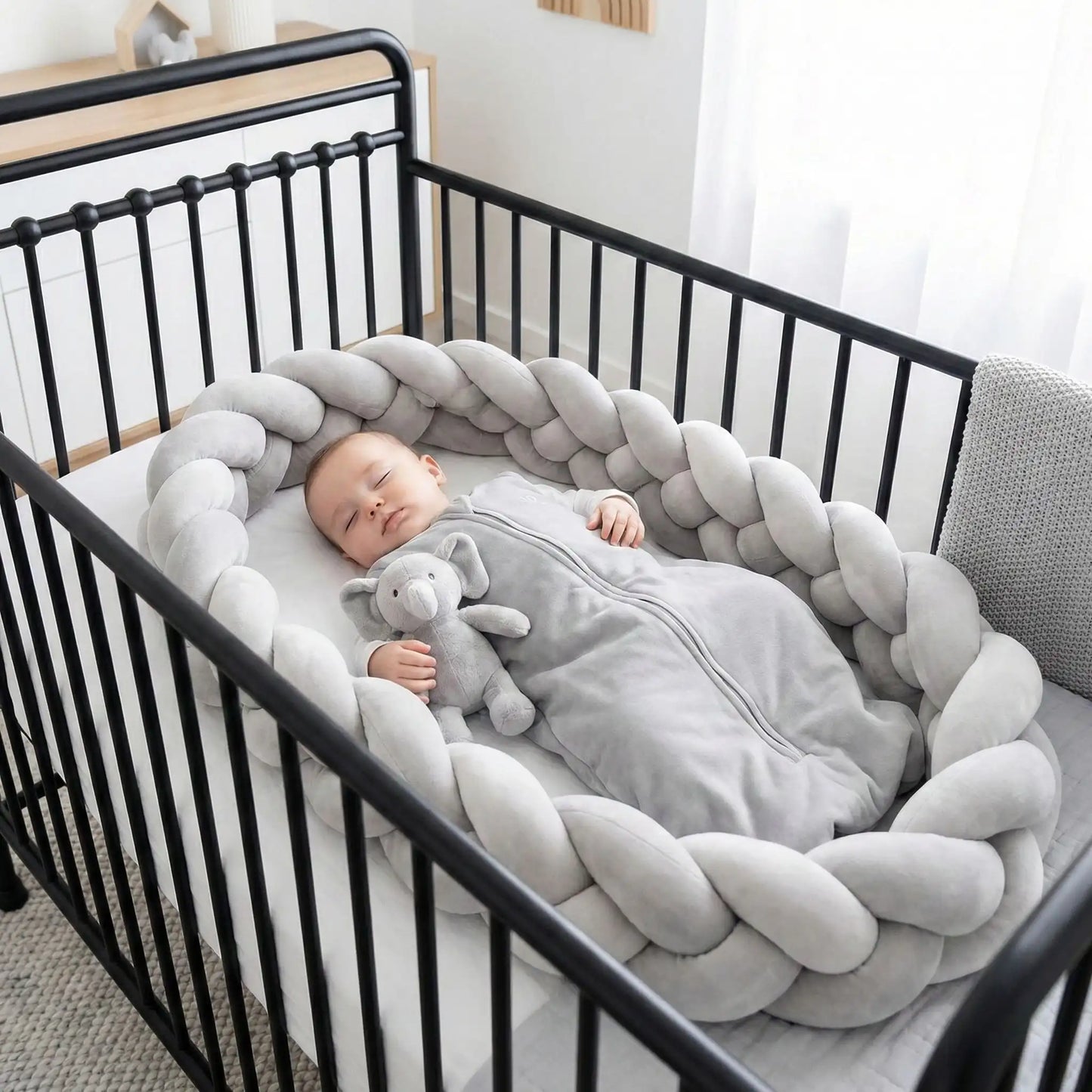 tour de lit tressé gris clair bébé dort